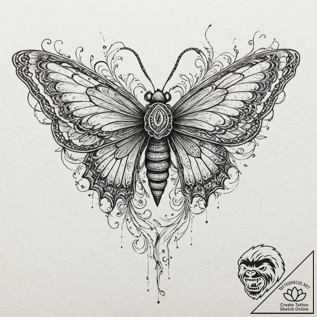 Apocalyptic moth with iron wings, ink illustr... - tattoo sketch (№1752288768_0, 12.07.2025 02:52) — tattoovalue.net