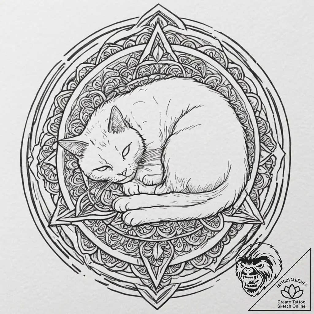 Cat sleeping inside an empty pizza box, tatto... - tattoo sketch (№1752289022_0, 12.07.2025 02:57) — tattoovalue.net