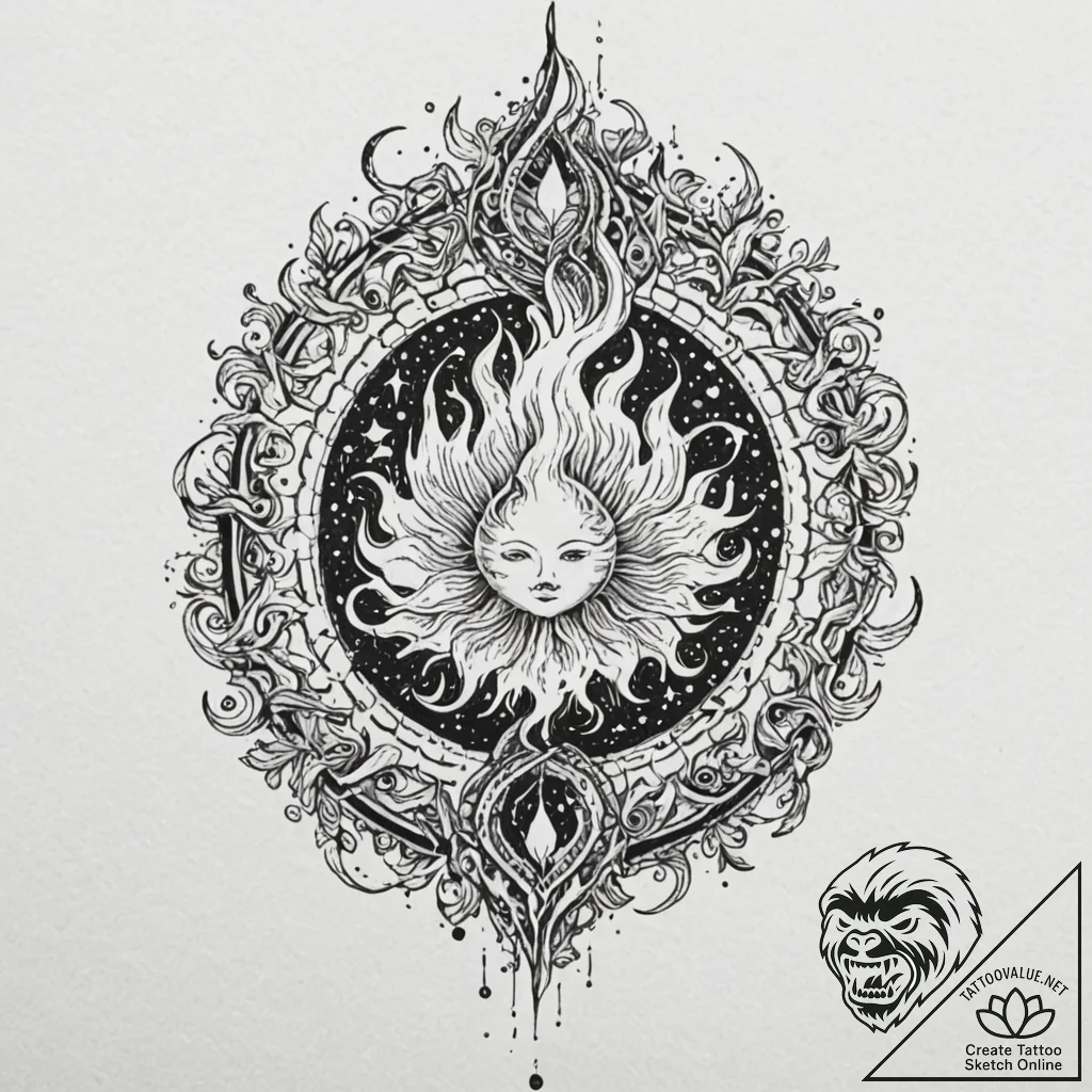 Hollow relic devouring celestial flame, ink i... - tattoo sketch (№1752289522_0, 12.07.2025 03:05) — tattoovalue.net