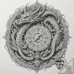 Dragon coils through timepiece, concept art f… – tattoo sketch (№1752289775_0, 12.07.2025 03:09) — tattoovalue.net