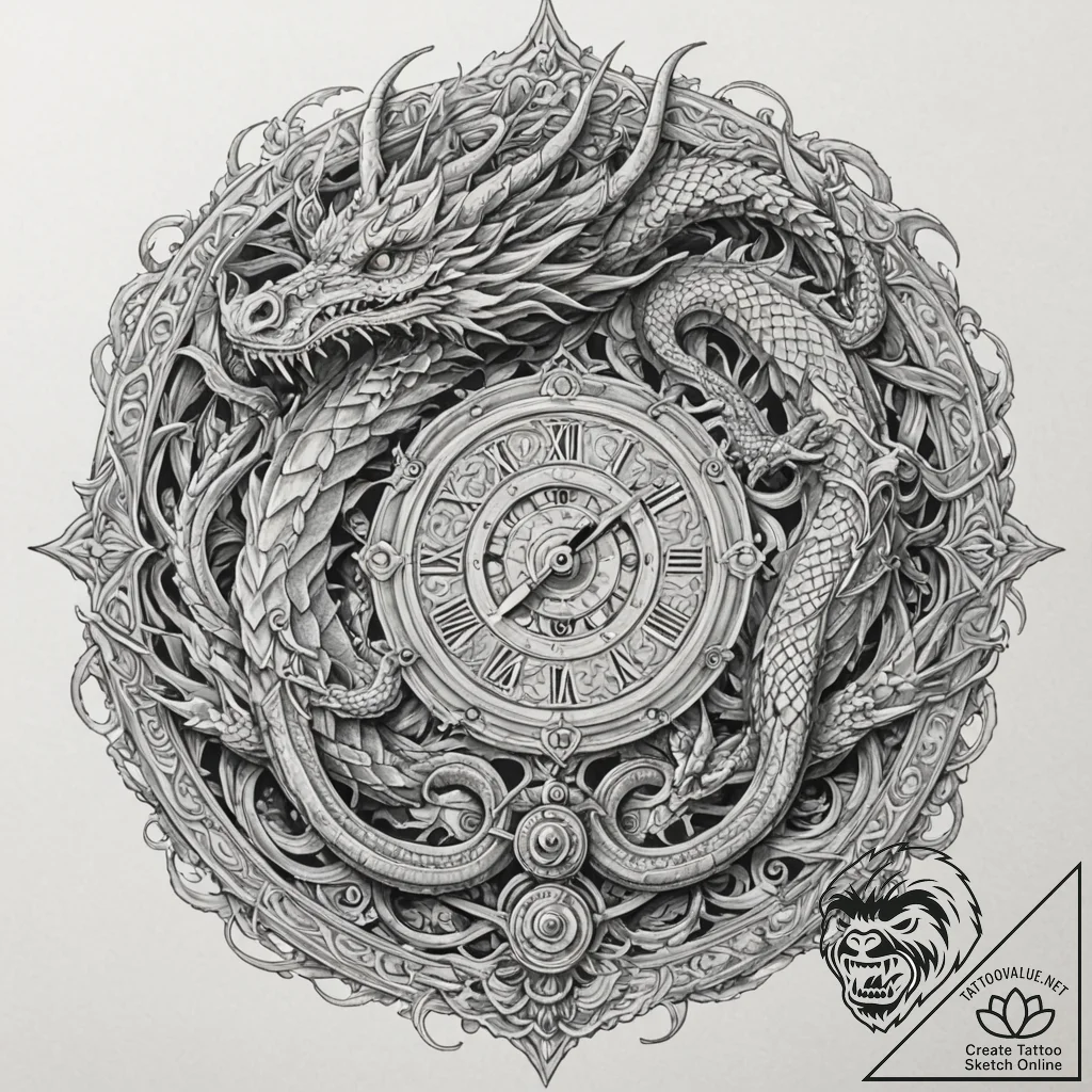Dragon coils through timepiece, concept art f... - tattoo sketch (№1752289775_0, 12.07.2025 03:09) — tattoovalue.net