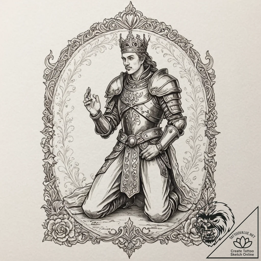 Empty armor kneeling before a ghostly king, t... - tattoo sketch (№1752289858_0, 12.07.2025 03:10) — tattoovalue.net