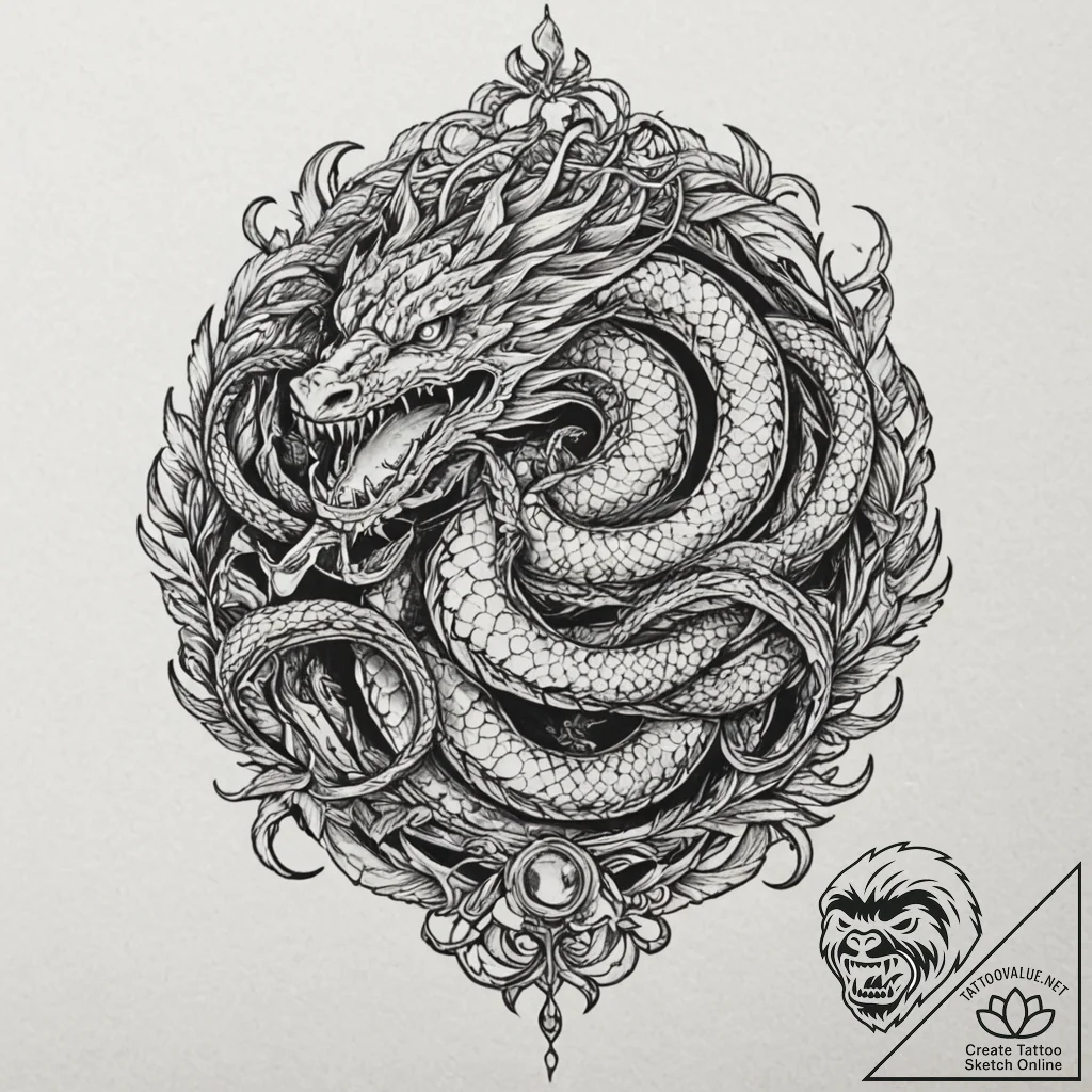 Abyssal serpent guarding treasure, tattoo ske... - tattoo sketch (№1752291025_0, 12.07.2025 03:30) — tattoovalue.net
