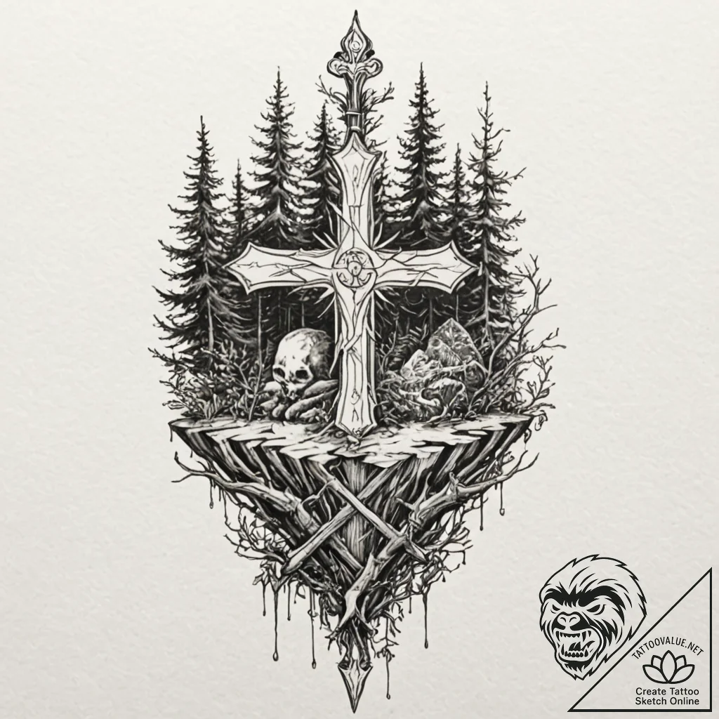 Broken throne buried in forest, tattoo flash... - tattoo sketch (№1752291358_0, 12.07.2025 03:35) — tattoovalue.net