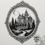 Haunted mansion silhouette on a locket, tatto… – tattoo sketch (№1752291442_0, 12.07.2025 03:37) — tattoovalue.net
