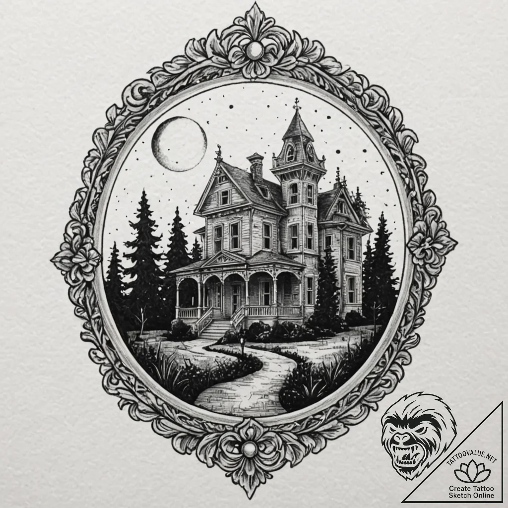Haunted mansion silhouette on a locket, tatto... - tattoo sketch (№1752291442_0, 12.07.2025 03:37) — tattoovalue.net