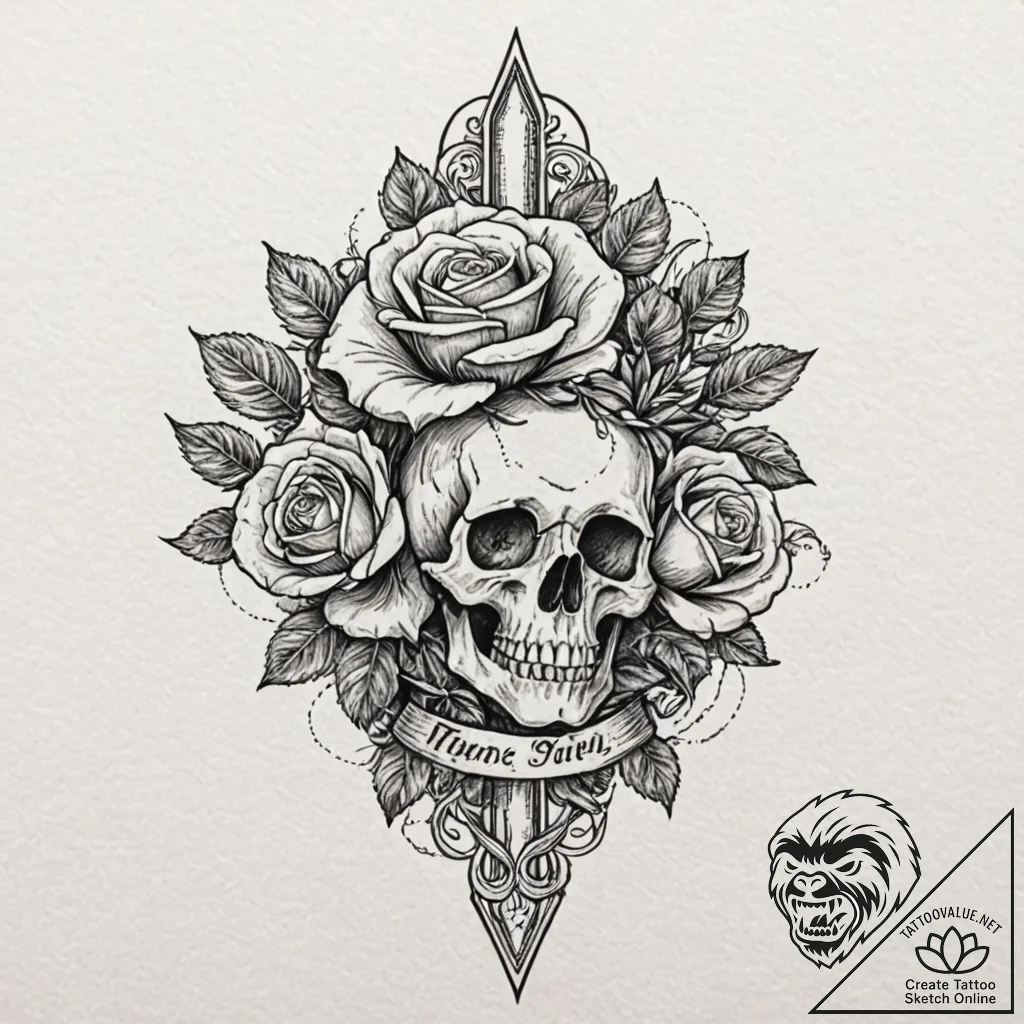 Leaf-shaped dagger through bloom, artistic ta... - tattoo sketch (№1752291698_0, 12.07.2025 03:41) — tattoovalue.net