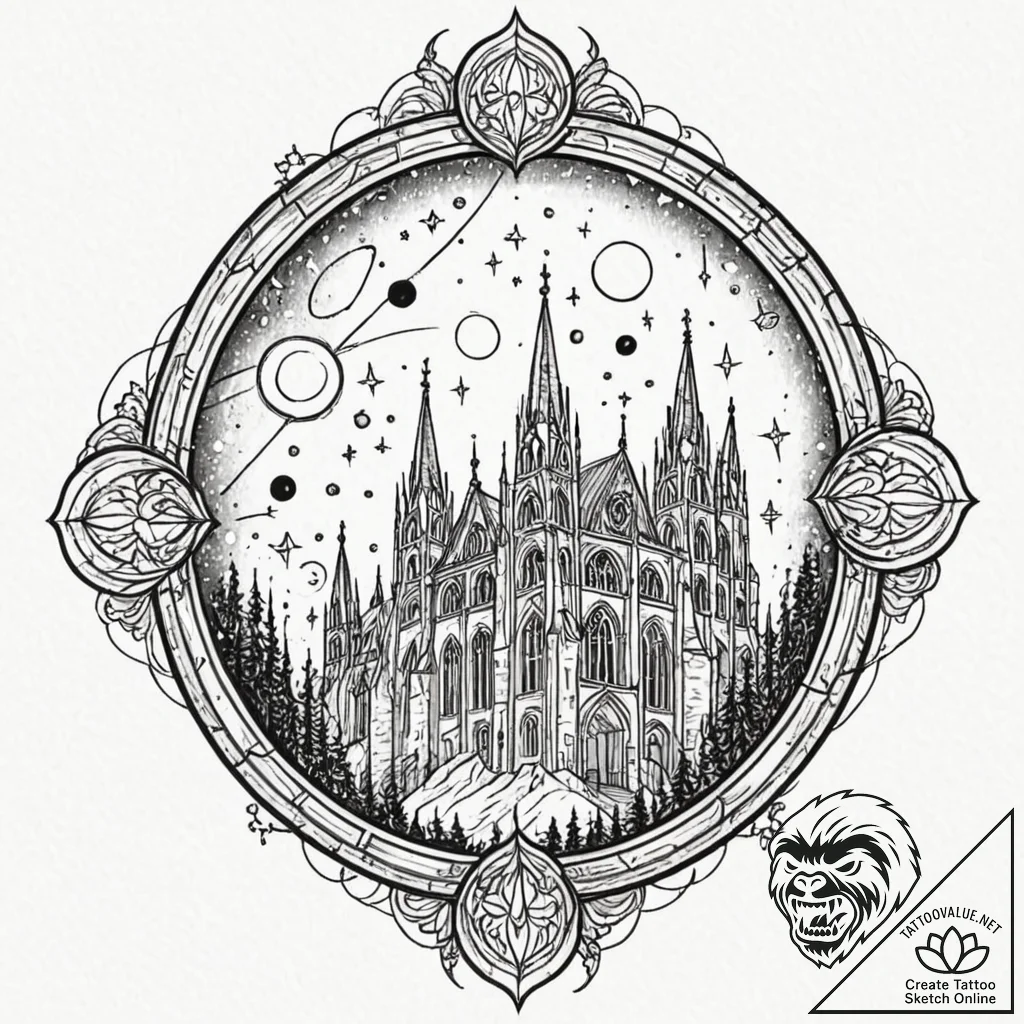 Gothic cathedral window showing a view of dee... - tattoo sketch (№1752293708_0, 12.07.2025 04:15) — tattoovalue.net