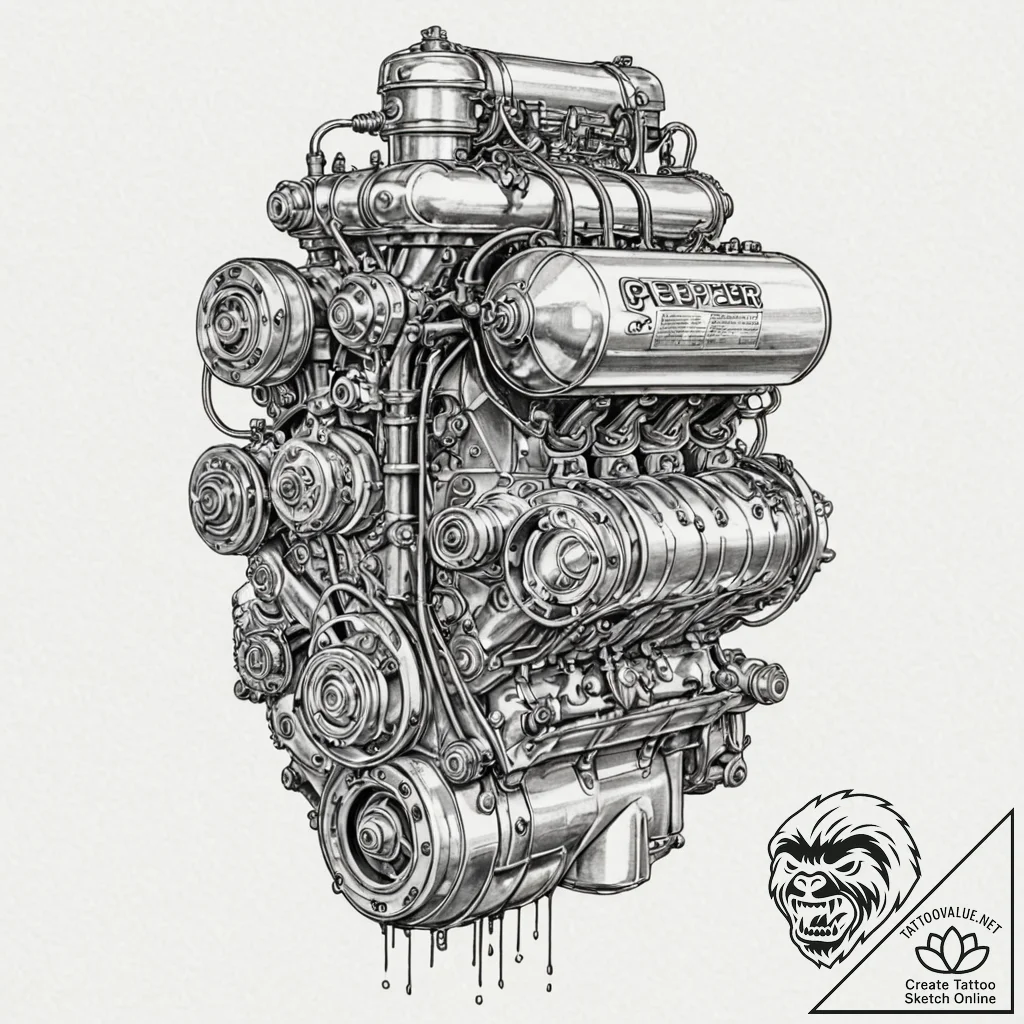 Straight-eight engine, exposed and chrome-pla... - tattoo sketch (№1752294543_0, 12.07.2025 04:29) — tattoovalue.net