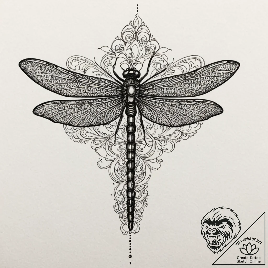 Dragonfly with intricate, filigree metal wing... - tattoo sketch (№1752294963_0, 12.07.2025 04:36) — tattoovalue.net