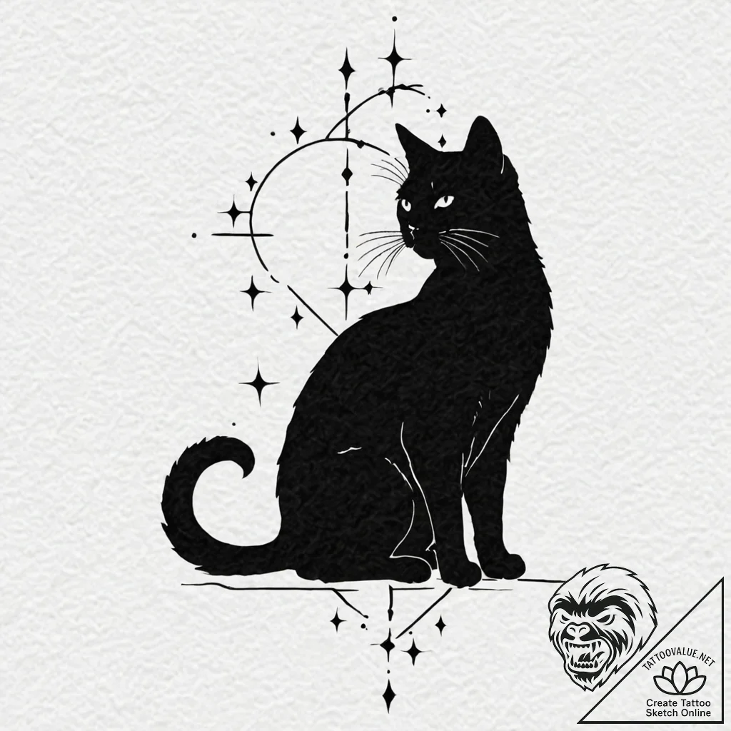Cat's silhouette filled with a starry night s... - tattoo sketch (№1752295131_0, 12.07.2025 04:38) — tattoovalue.net