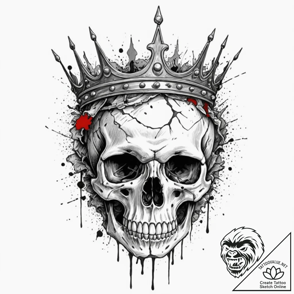 Bone crown resting on cracked skull, artistic... - tattoo sketch (№1752295380_0, 12.07.2025 04:43) — tattoovalue.net