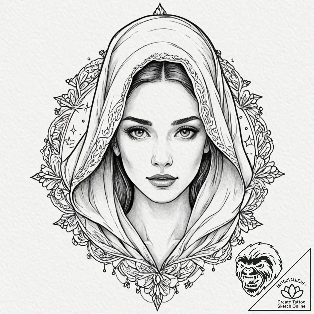 Veiled woman's face, with stars visible throu... - tattoo sketch (№1752295461_0, 12.07.2025 04:44) — tattoovalue.net