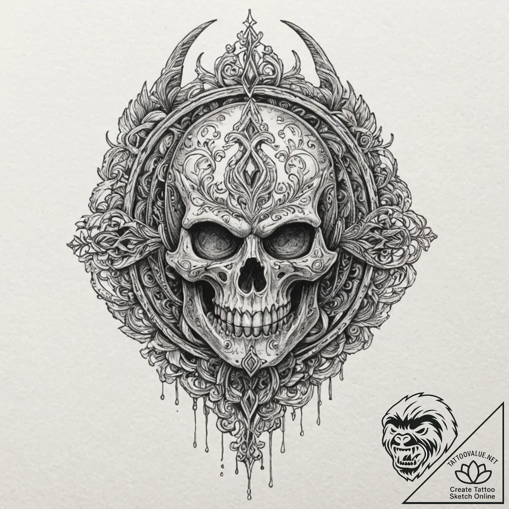 Obsidian helm beneath spectral gate, tattoo d... - tattoo sketch (№1752295546_0, 12.07.2025 04:45) — tattoovalue.net