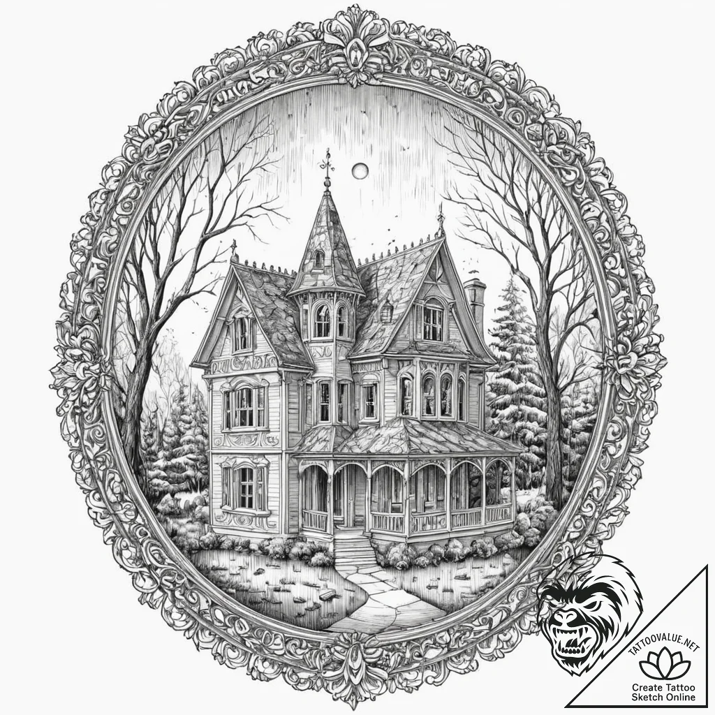 An abandoned dollhouse with intricate details... - tattoo sketch (№1752295880_0, 12.07.2025 04:51) — tattoovalue.net