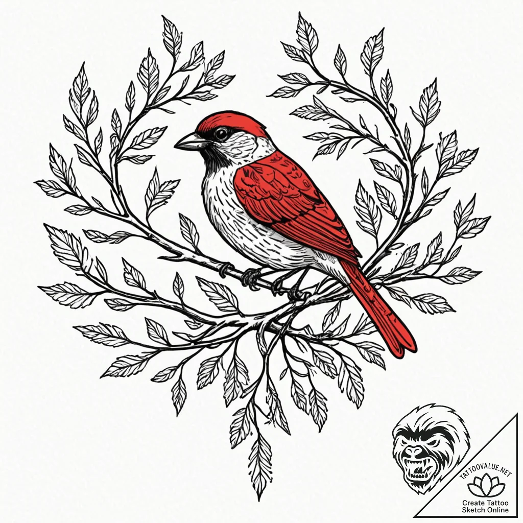 A whimsical bird on a branch in winter, resil... - tattoo sketch (№1752296216_0, 12.07.2025 04:56) — tattoovalue.net