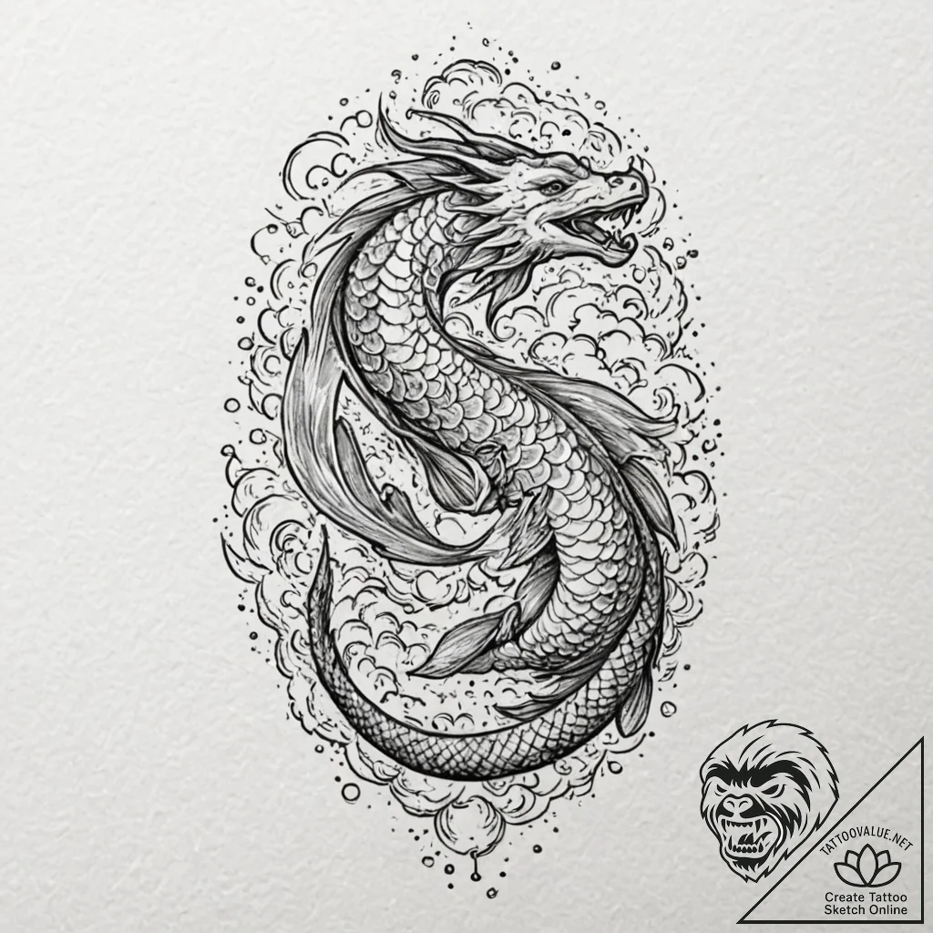 Koi dragon swimming through storm, artistic t... - tattoo sketch (№1752296383_0, 12.07.2025 04:59) — tattoovalue.net