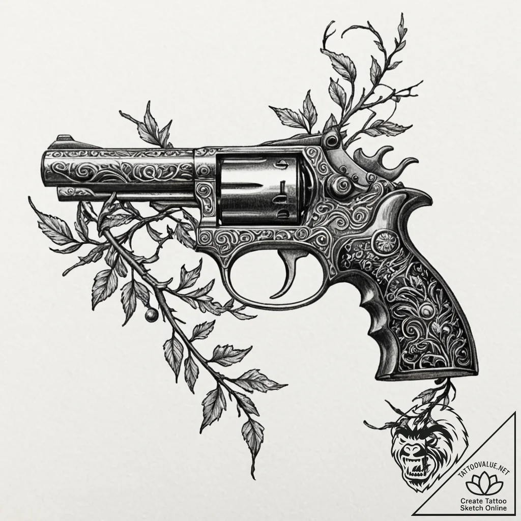 Pistol wrapped in thorned vines, ink illustra... - tattoo sketch (№1752296466_0, 12.07.2025 05:01) — tattoovalue.net