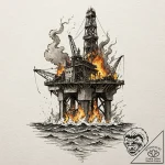Oil rig on fire in a stormy sea, artistic tat… – tattoo sketch (№1752296801_0, 12.07.2025 05:06) — tattoovalue.net