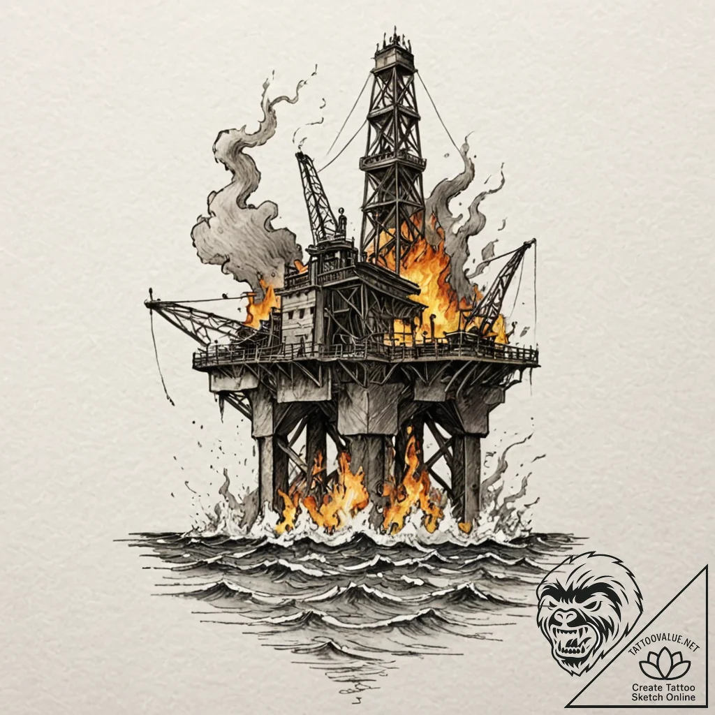 Oil rig on fire in a stormy sea, artistic tat... - tattoo sketch (№1752296801_0, 12.07.2025 05:06) — tattoovalue.net