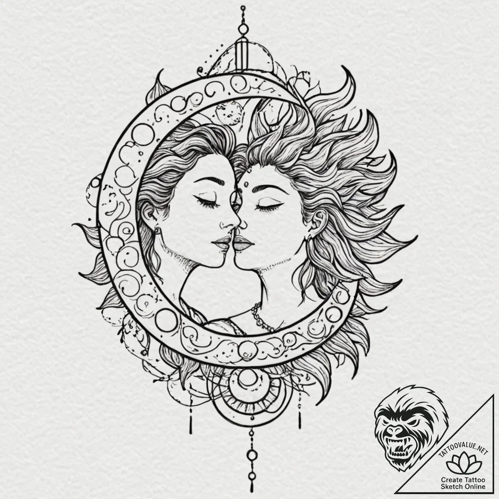Stylized sun and moon in a lover's embrace, t... - tattoo sketch (№1752297136_0, 12.07.2025 05:12) — tattoovalue.net