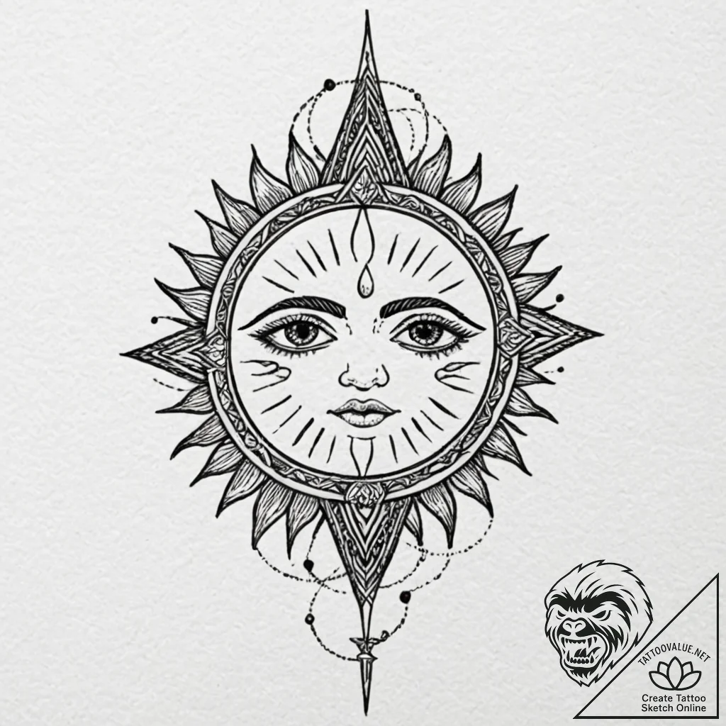 Orcish spear beneath eclipsed sun, tattoo lin... - tattoo sketch (№1752297301_0, 12.07.2025 05:15) — tattoovalue.net