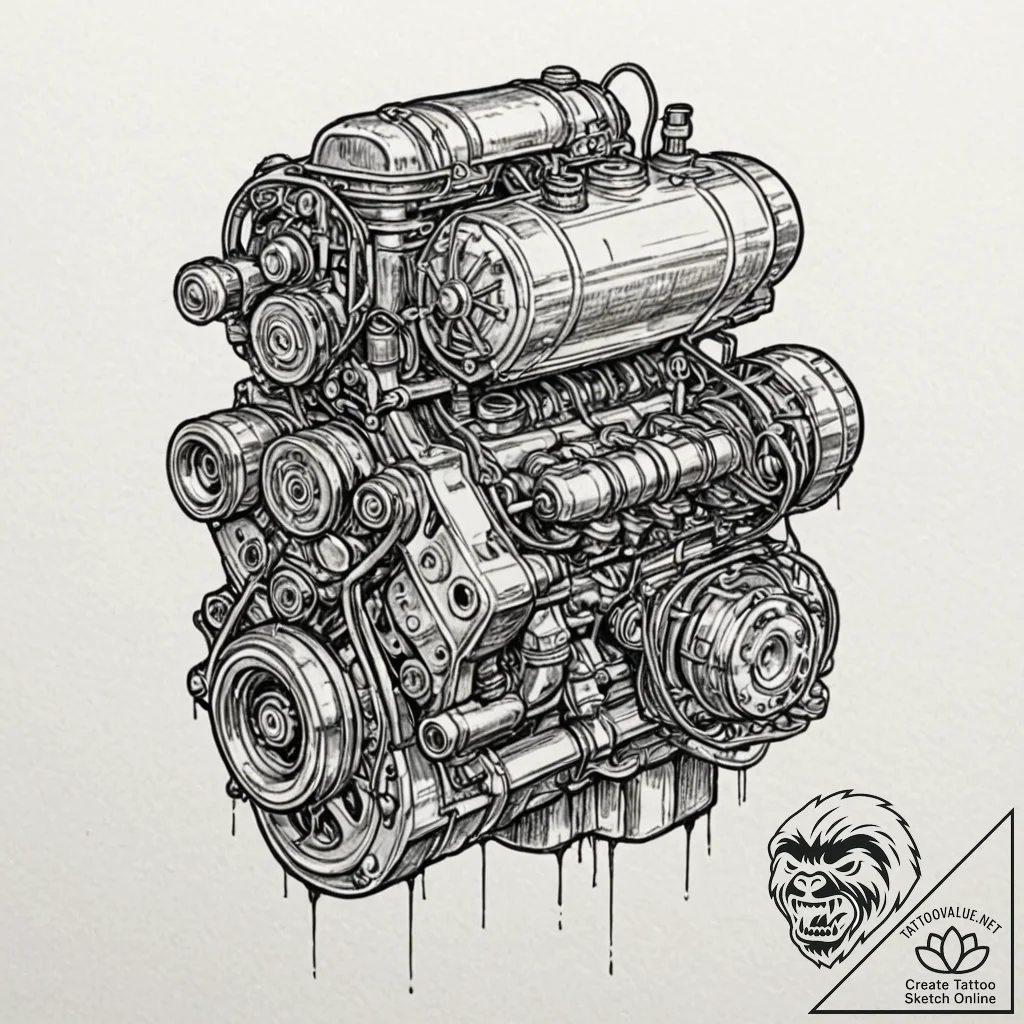 Internal combustion engine, animated and roar... - tattoo sketch (№1752297386_0, 12.07.2025 05:16) — tattoovalue.net