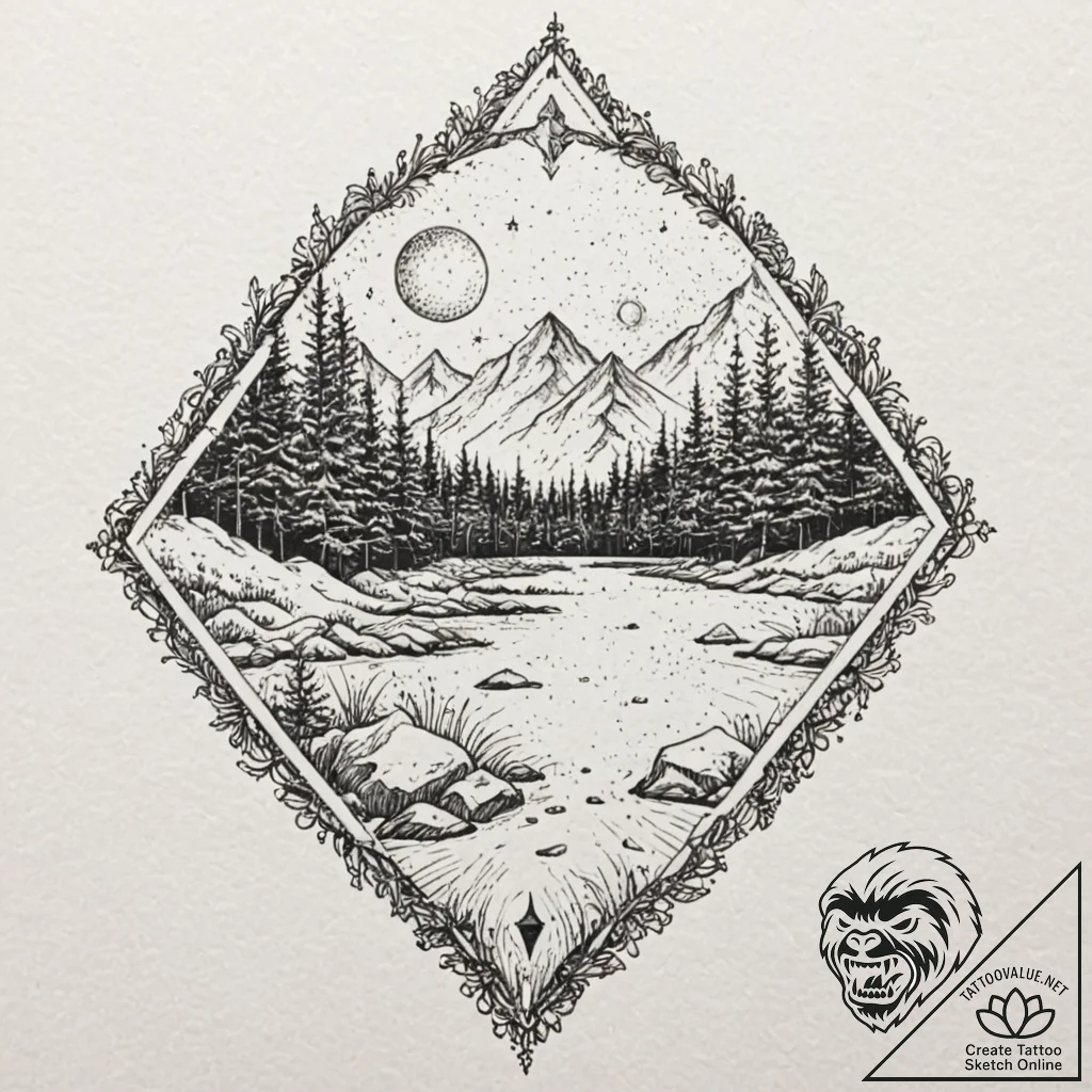 Engraved key beneath frozen river, artistic t... - tattoo sketch (№1752299562_0, 12.07.2025 05:52) — tattoovalue.net