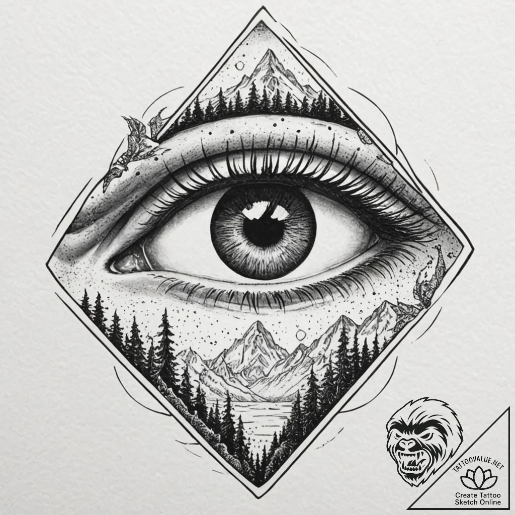 Kaiju eye peering through mist, artistic tatt... - tattoo sketch (№1752299644_0, 12.07.2025 05:54) — tattoovalue.net