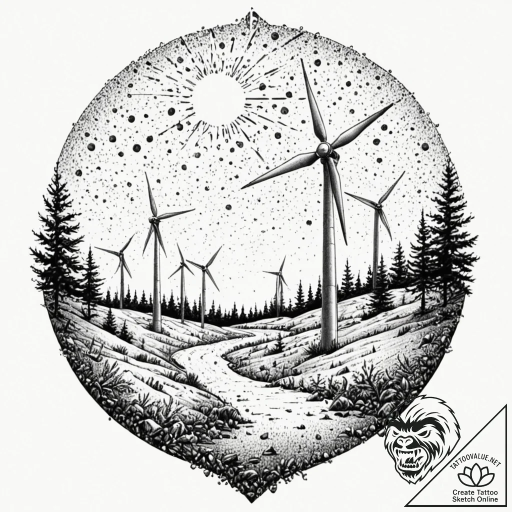 Wind turbine, broken and still, in a desolate... - tattoo sketch (№1752300739_0, 12.07.2025 06:12) — tattoovalue.net