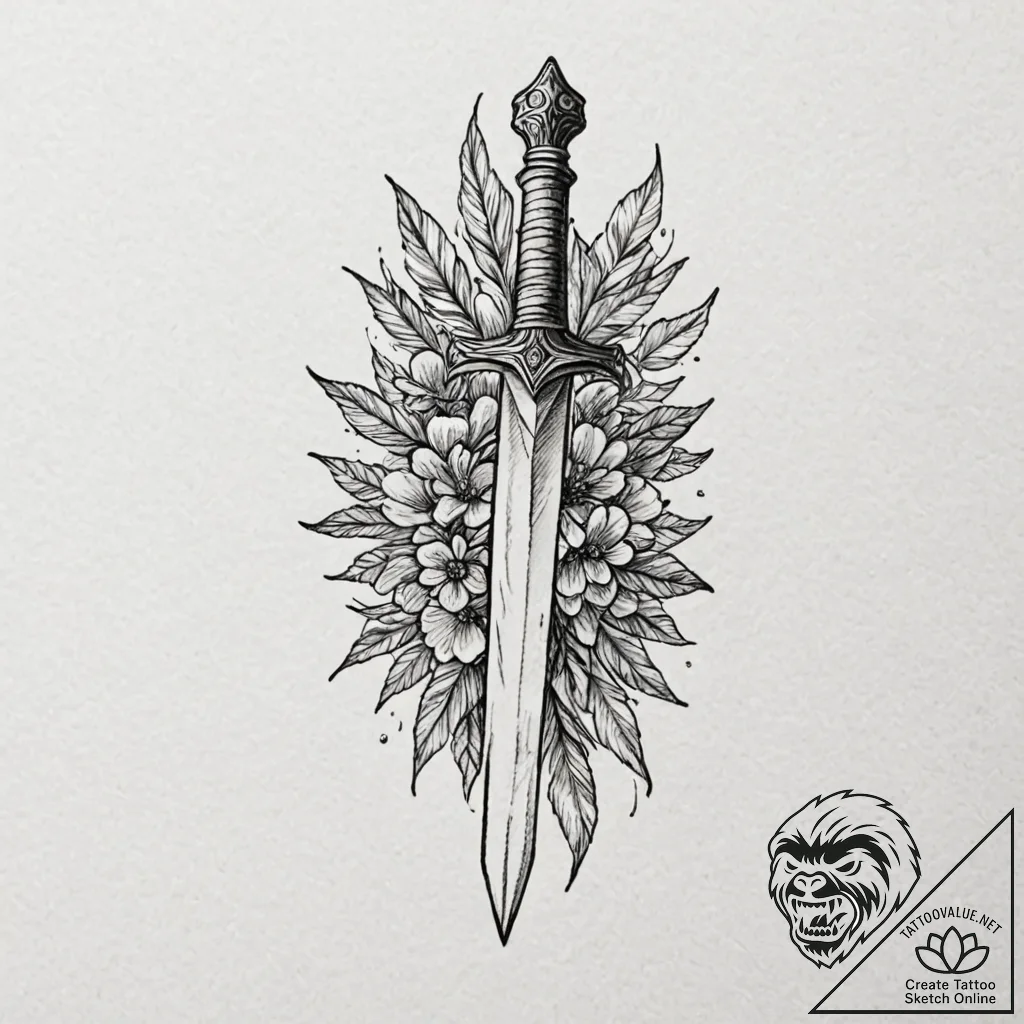 Dagger embedded in stone, tattoo line art, mi... - tattoo sketch (№1752301074_0, 12.07.2025 06:17) — tattoovalue.net