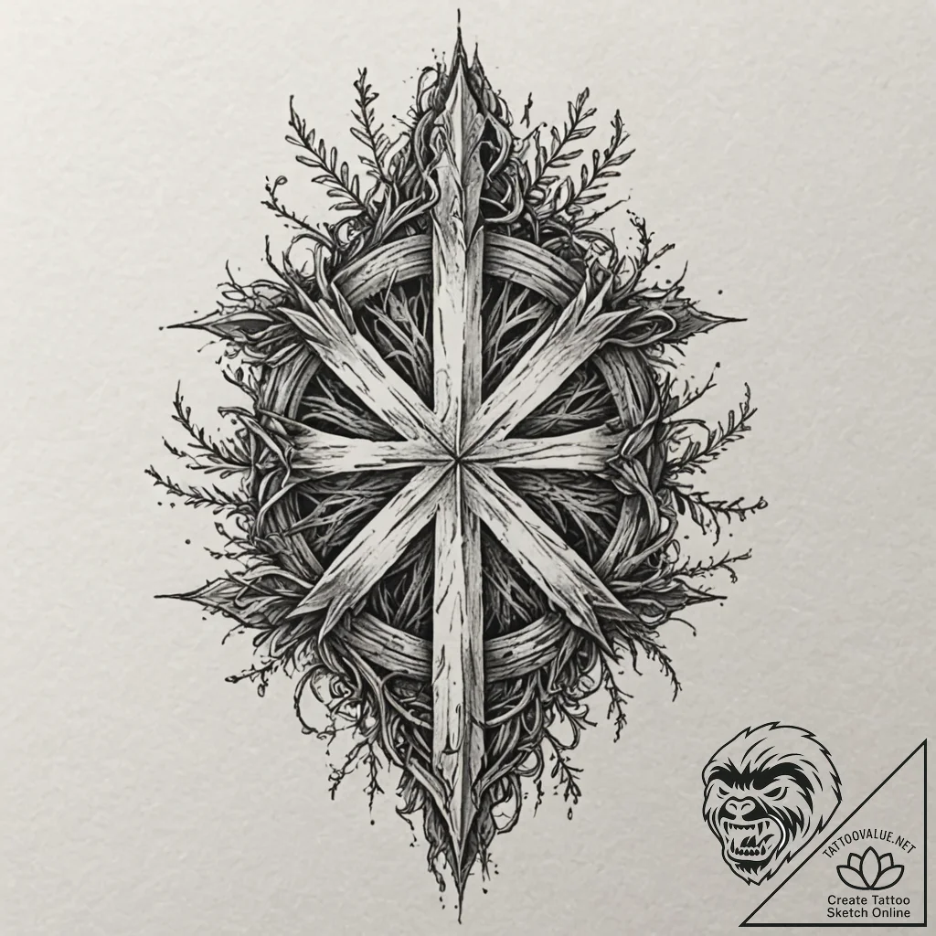 Oak rune glowing beneath moss, tattoo line ar... - tattoo sketch (№1752302419_0, 12.07.2025 06:40) — tattoovalue.net