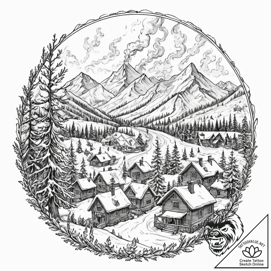 An alpine village nestled in a snow-covered v... - tattoo sketch (№1752302587_0, 12.07.2025 06:43) — tattoovalue.net