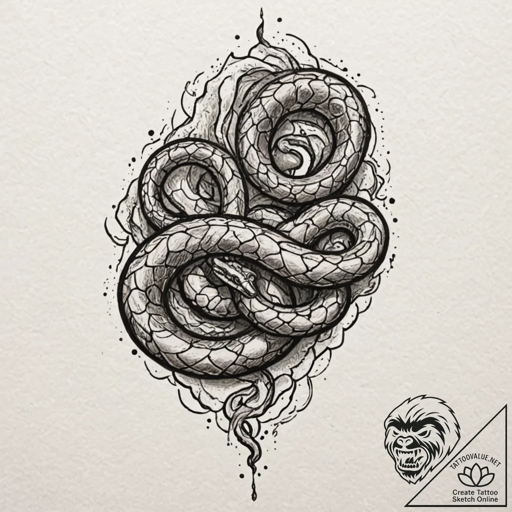 Ancient serpent slithering over crumbling wal... - tattoo sketch (№1752302756_0, 12.07.2025 06:45) — tattoovalue.net