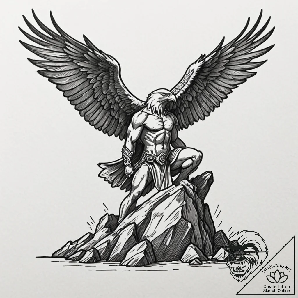 Prometheus chained to a rock, eagle approachi... - tattoo sketch (№1752302840_0, 12.07.2025 06:47) — tattoovalue.net