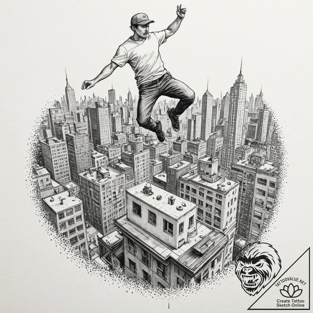 An athletic figure mid-leap, performing a dyn... - tattoo sketch (№1752303178_0, 12.07.2025 06:52) — tattoovalue.net