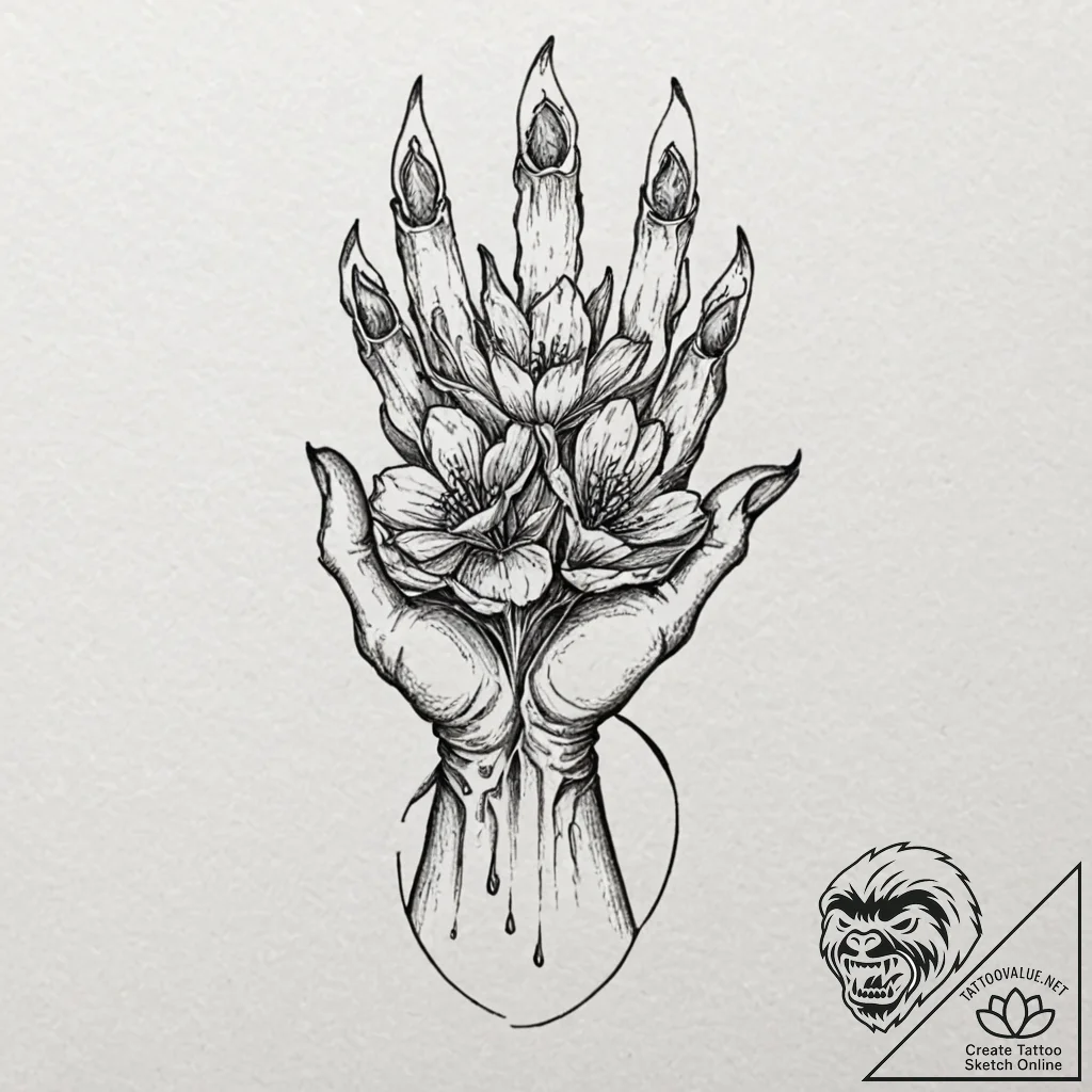 Bone gauntlet holding burning flower, artisti... - tattoo sketch (№1752303514_0, 12.07.2025 06:58) — tattoovalue.net