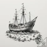 Sunken ship resting on bone reef, concept art… – tattoo sketch (№1752303599_0, 12.07.2025 06:59) — tattoovalue.net