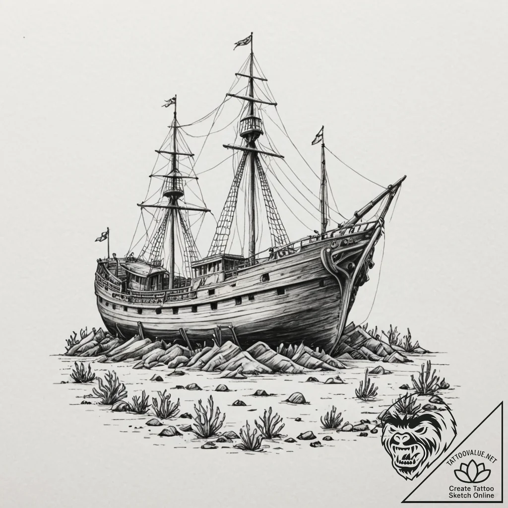 Sunken ship resting on bone reef, concept art... - tattoo sketch (№1752303599_0, 12.07.2025 06:59) — tattoovalue.net
