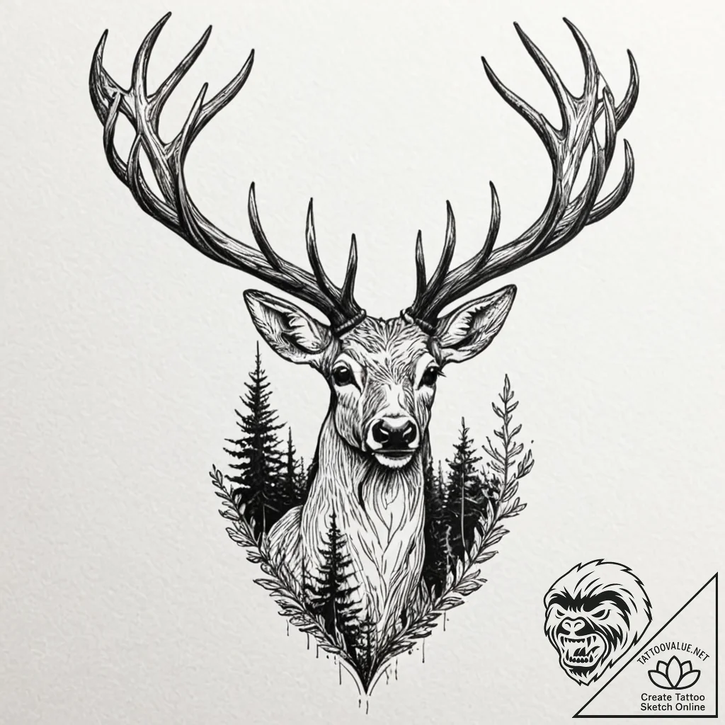 Emerald stag in spectral forest, artistic tat... - tattoo sketch (№1752303683_0, 12.07.2025 07:01) — tattoovalue.net