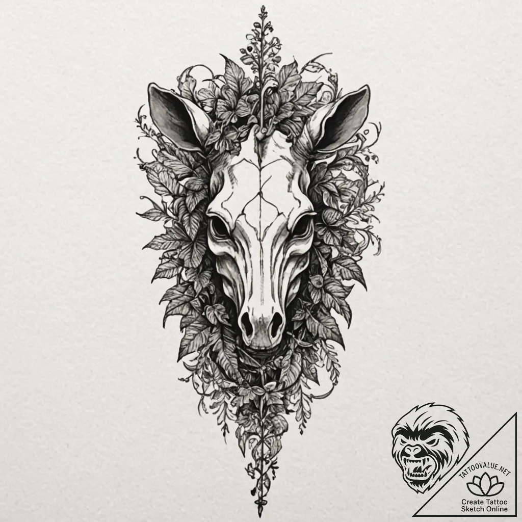 Zebra skull crowned with ivy, tattoo flash sh... - tattoo sketch (№1752304183_0, 12.07.2025 07:09) — tattoovalue.net