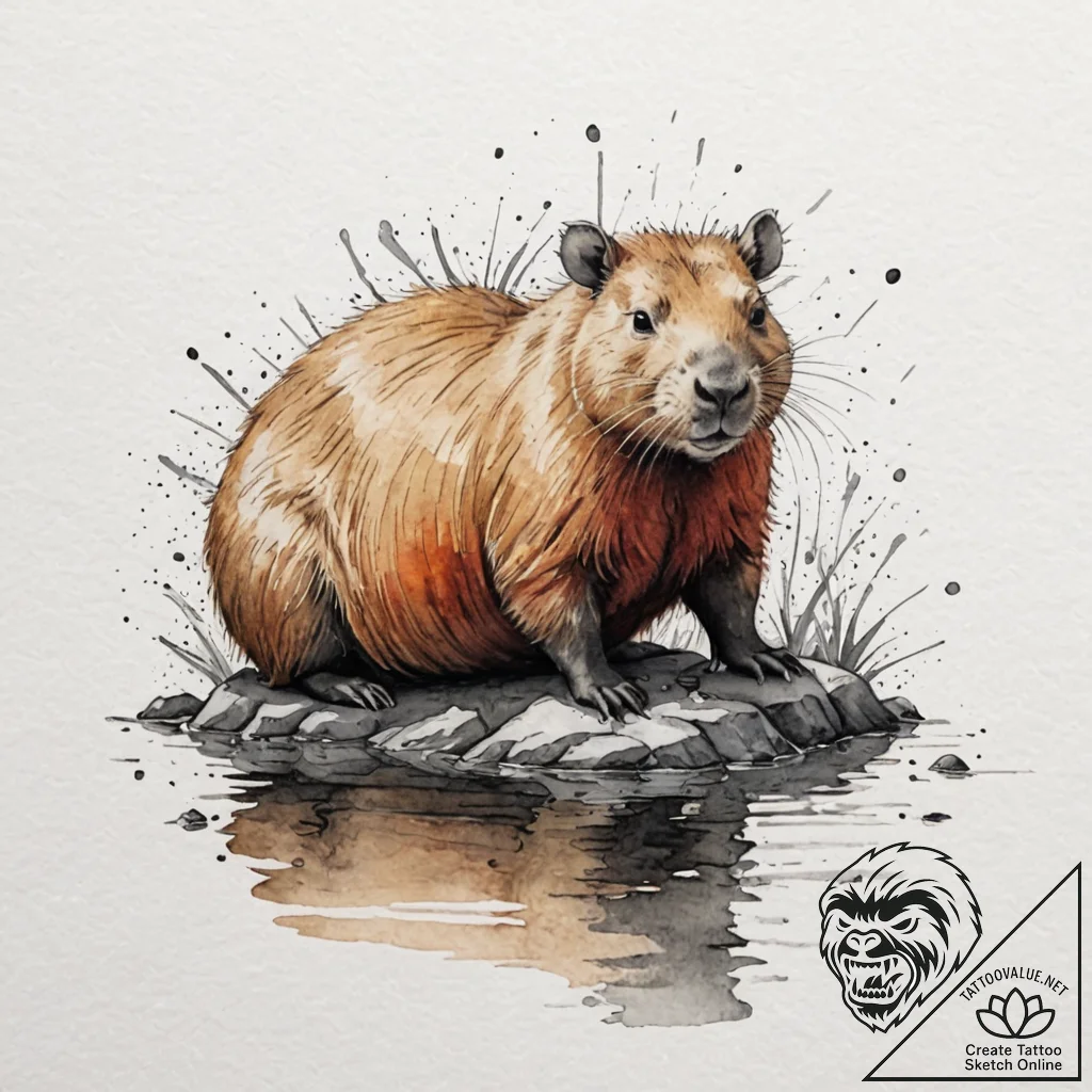 A capybara chilling in a hot spring, ink illu... - tattoo sketch (№1752305018_0, 12.07.2025 07:23) — tattoovalue.net