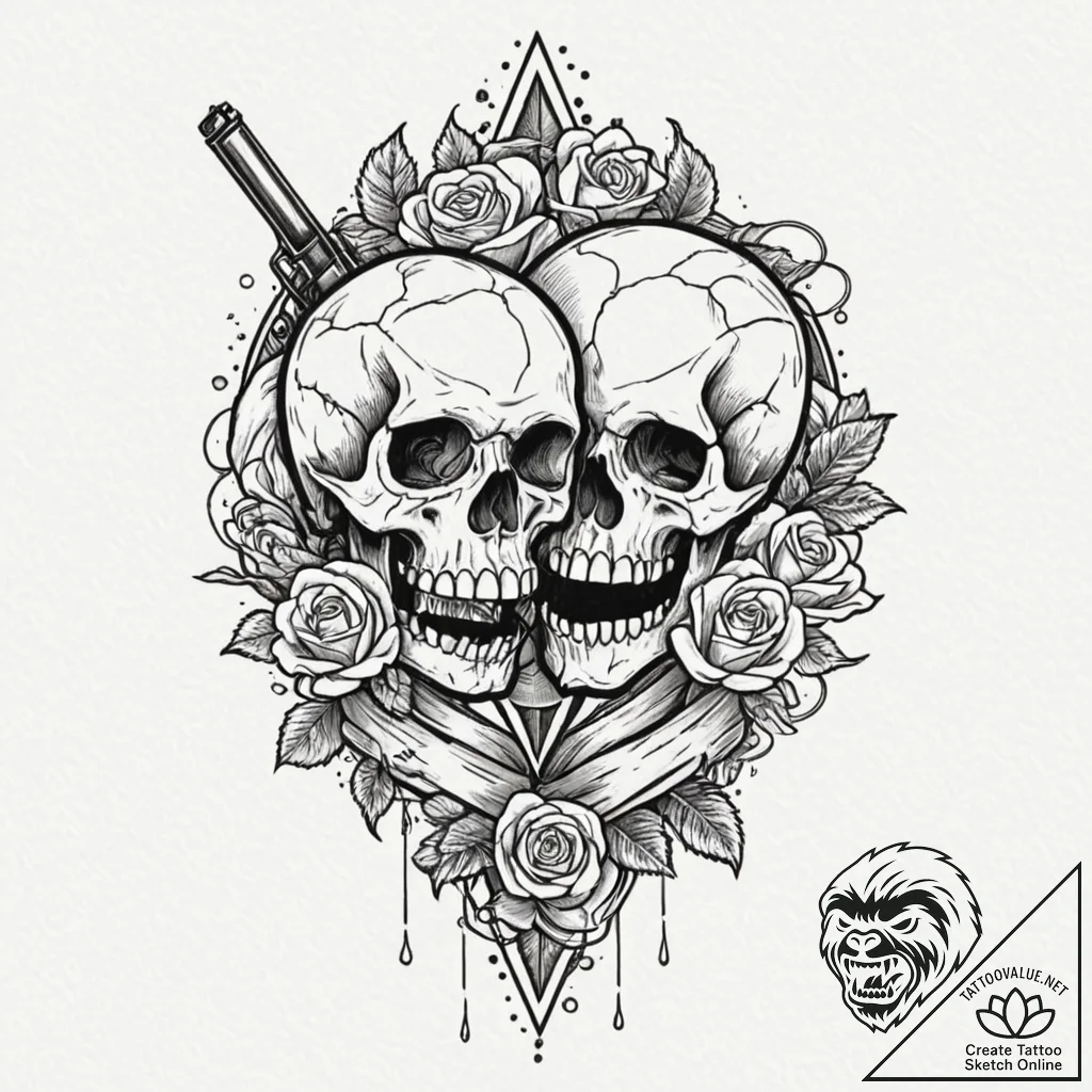 Outlaw's crossed revolvers over a skull, ink... - tattoo sketch (№1752305600_0, 12.07.2025 07:33) — tattoovalue.net