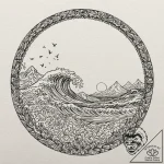 Sunset over waves, inside a circle, tattoo dr… – tattoo sketch (№1752305932_0, 12.07.2025 07:38) — tattoovalue.net