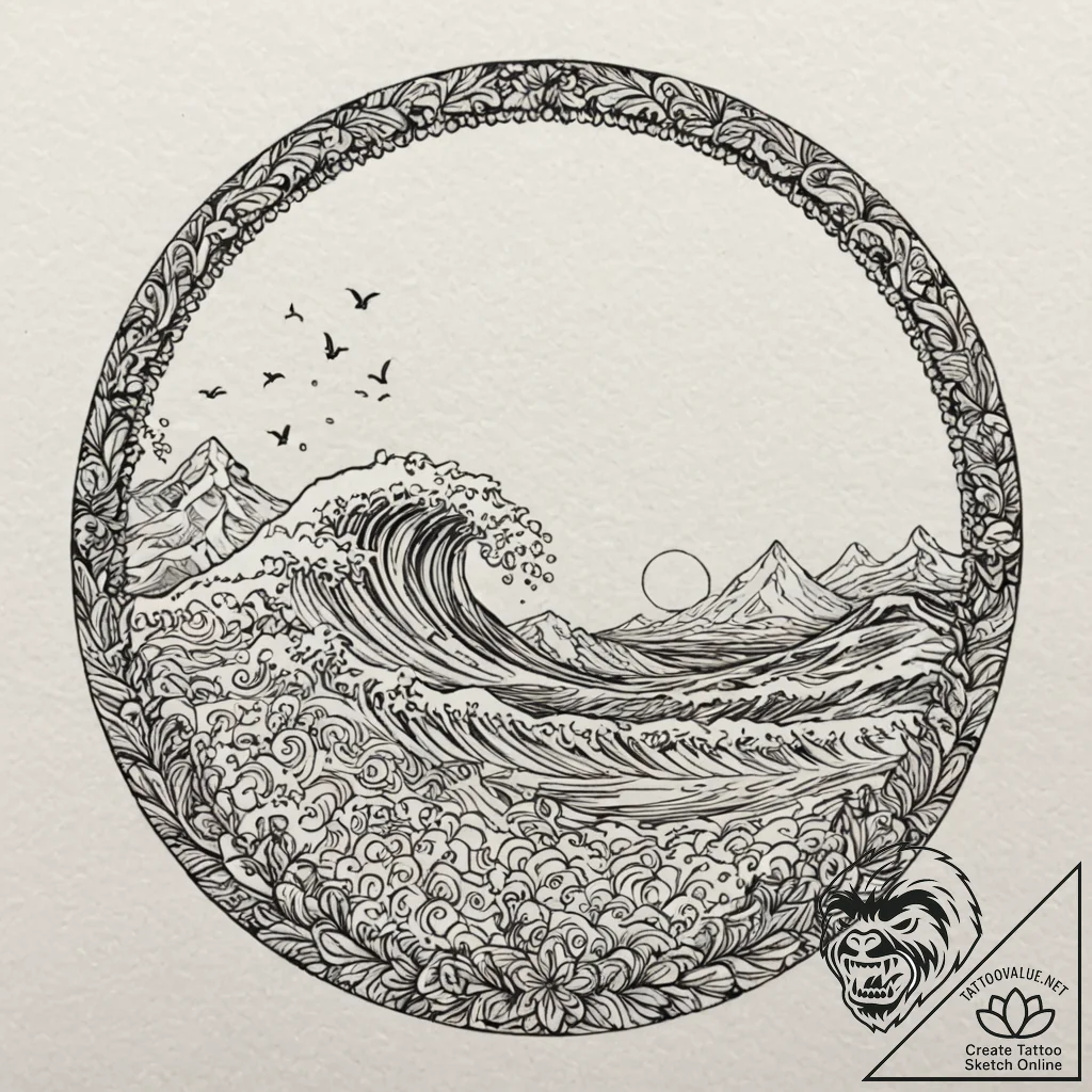 Sunset over waves, inside a circle, tattoo dr... - tattoo sketch (№1752305932_0, 12.07.2025 07:38) — tattoovalue.net