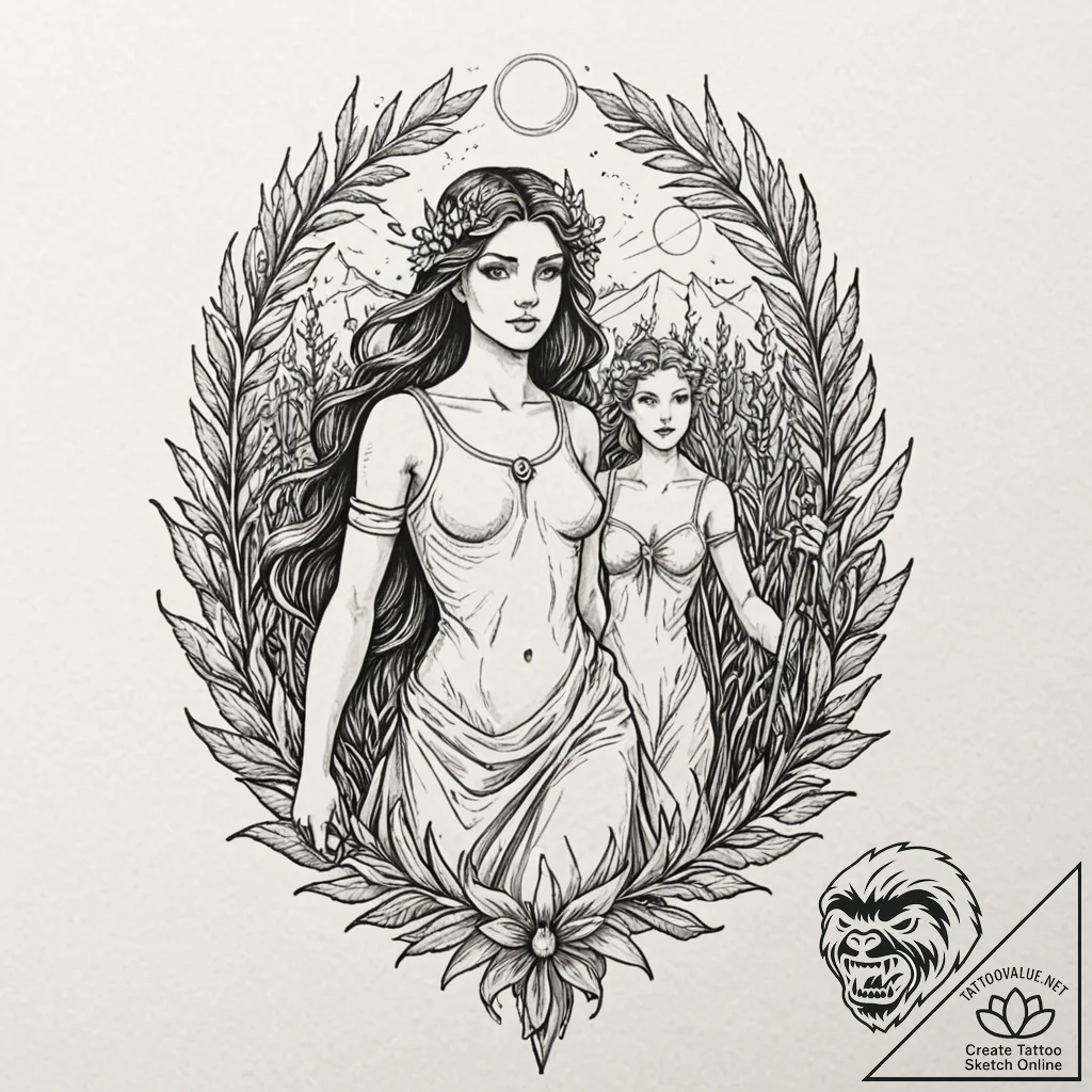 Hades leading persephone through a field of a... - tattoo sketch (№1752306434_0, 12.07.2025 07:47) — tattoovalue.net