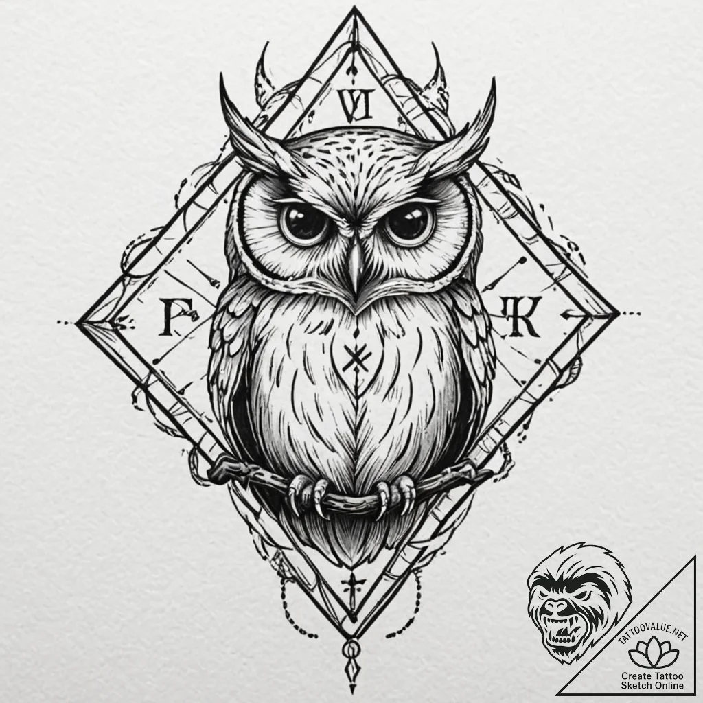 Arcane owl with rune eyes, ink illustration f... - tattoo sketch (№1752306855_0, 12.07.2025 07:54) — tattoovalue.net