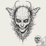 Mantis fang beneath fractured mask, ink illus… – tattoo sketch (№1752306938_0, 12.07.2025 07:55) — tattoovalue.net