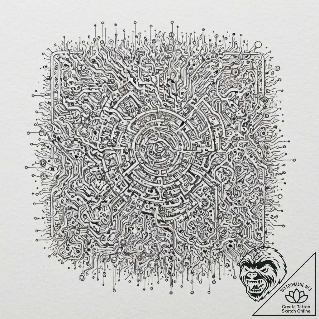 Labyrinth made of circuit boards and heatsink... - tattoo sketch (№1752307024_0, 12.07.2025 07:57) — tattoovalue.net