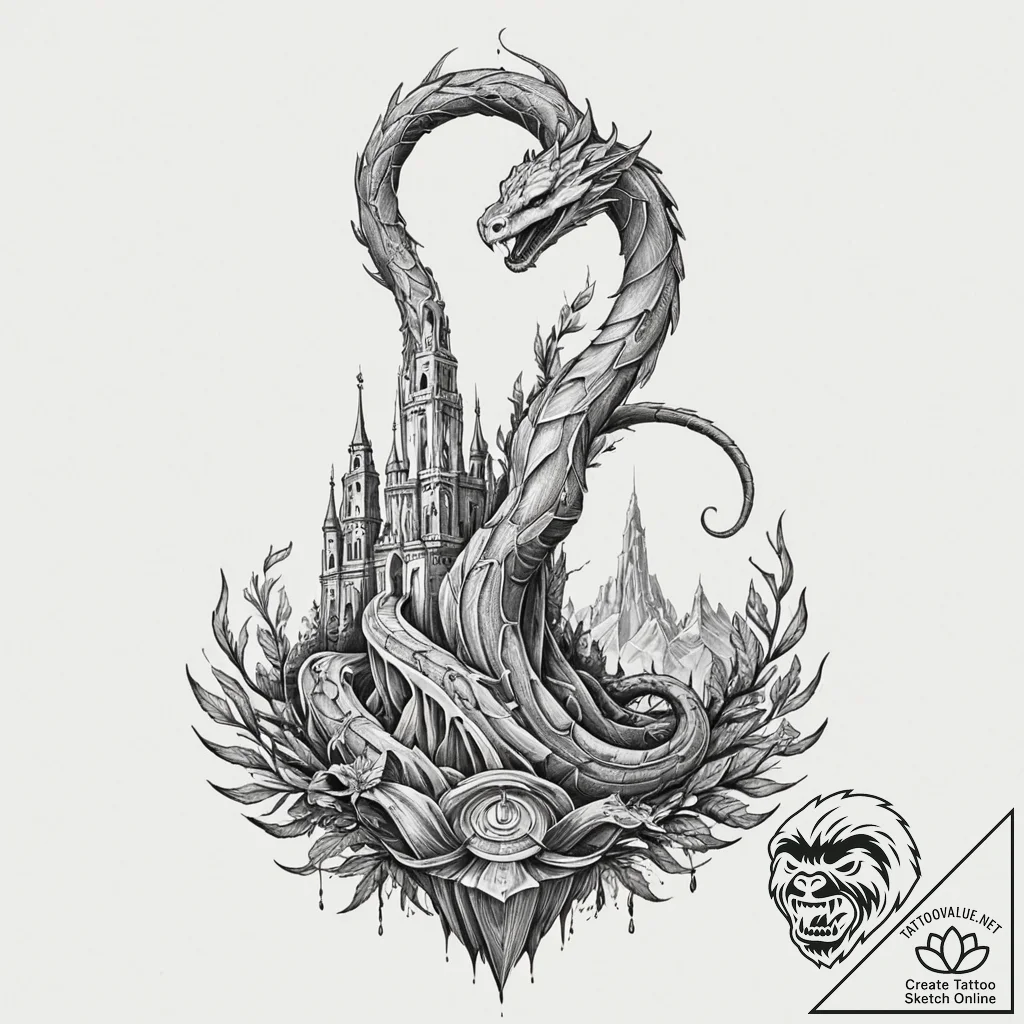 Onyx serpent through shattered spire, artisti... - tattoo sketch (№1752307362_0, 12.07.2025 08:02) — tattoovalue.net